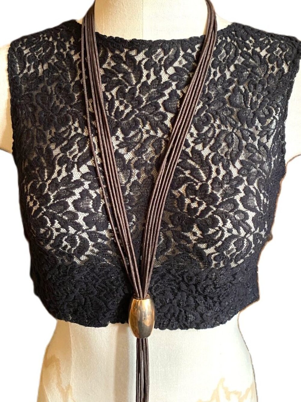TWO A Long Lagenlook metal gold tone chunky statement necklace w tassels/fringe